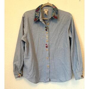 Vintage Chambray Button Down Floral Embroidery Small Blue Fairy Cottage